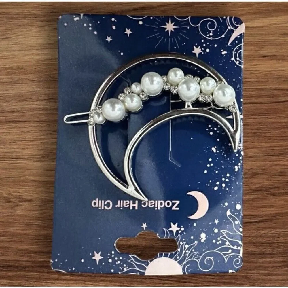 NWT 2 Inch Zodiac Gold Plated Metal Imitation Pearl Half Moon Hair Clip Barrette